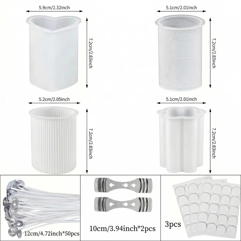 Set de 4 moules en silicone pour bougies, comprenant 50 mèches de bougie, 2 supports de mèche et 3 autocollants, idéal pour la fabrication de bougies DIY et artisanales.