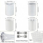 Set de 4 moules en silicone pour bougies, comprenant 50 mèches de bougie, 2 supports de mèche et 3 autocollants, idéal pour la fabrication de bougies DIY et artisanales.