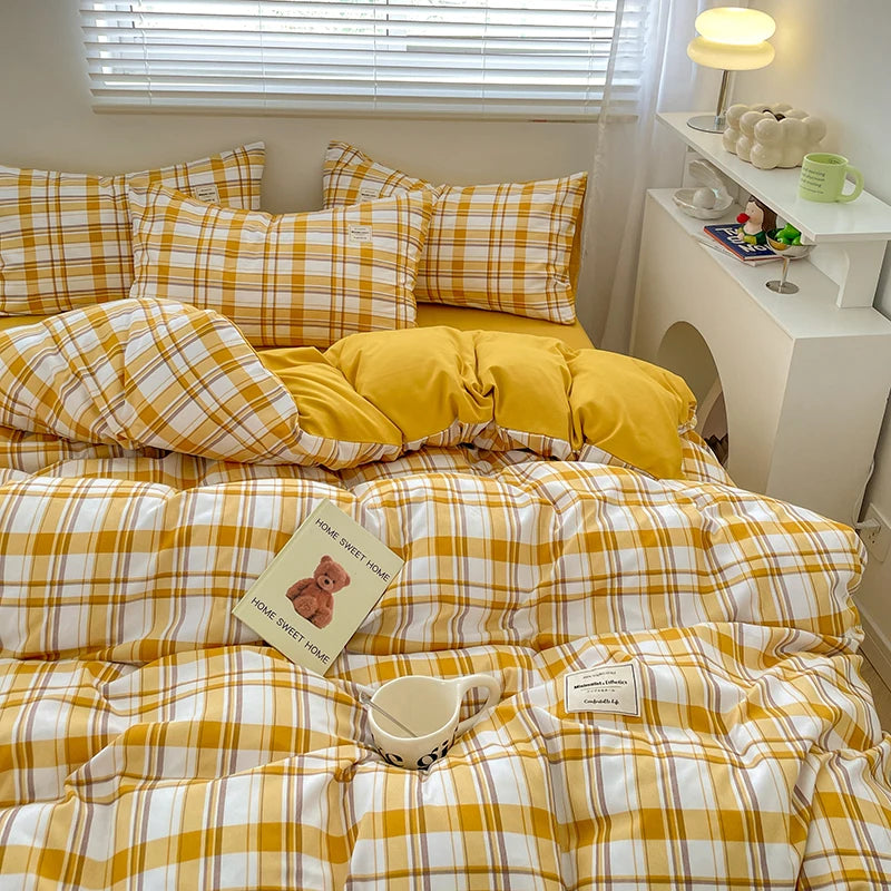Parure de lit à carreaux, douce et agréable pour la peau, comprenant housse de couette, taies d’oreiller et drap de lit, linge de lit pour maison, disponible en tailles simple, double, Queen et King.