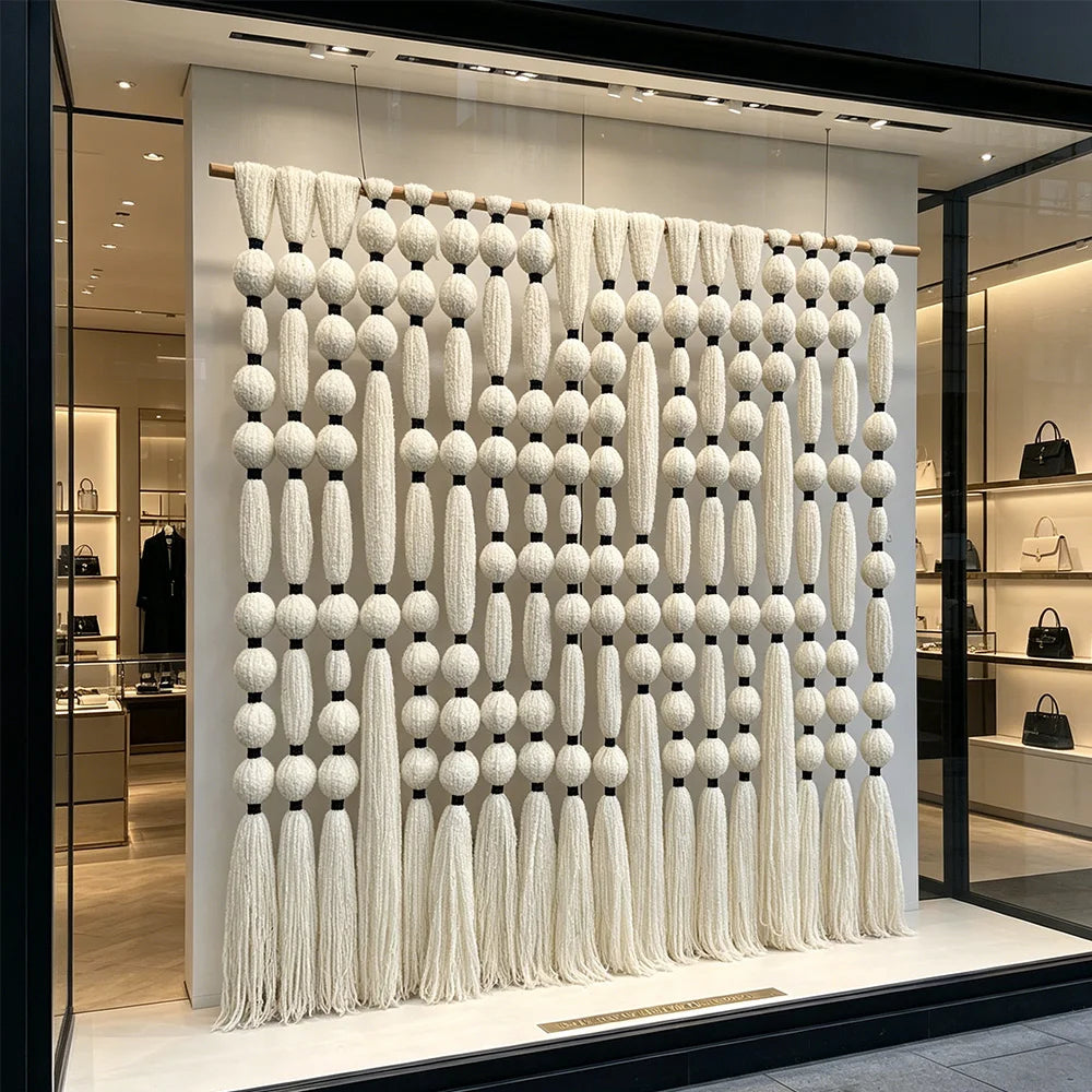 Décoration murale bohème en boules de coton nouées à la main, grande tenture macramé à pompons, idéale pour la décoration de vitrines de magasins de vêtements.