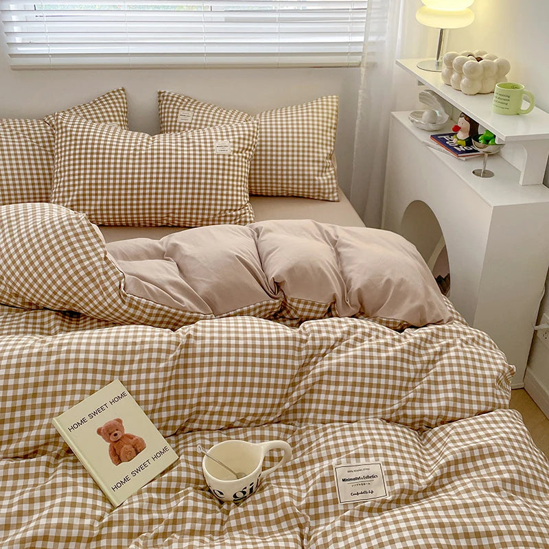 Parure de lit à carreaux, douce et agréable pour la peau, comprenant housse de couette, taies d’oreiller et drap de lit, linge de lit pour maison, disponible en tailles simple, double, Queen et King.