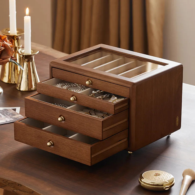 Boîte à bijoux en bois massif de luxe, style rétro, coffret de rangement pour bijoux, présentoir pour colliers, boucles d’oreilles et bracelets, vitrine et organisateur de bijoux