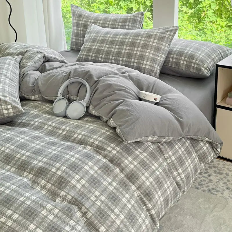Parure de lit premium 3/4 pièces en coton lavé ultra-doux, qualité supérieure, style quadrillé, avec drap-housse, idéale pour chambre d’enfant et dortoir.
