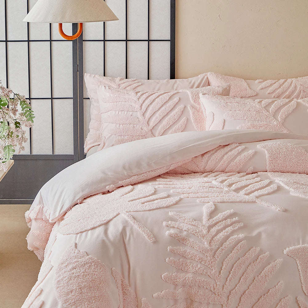 Parure de lit avec housse de couette, tailles Twin, Double, Queen et King, 135 × 200 cm, style nordique, housse de couette avec motif feuilles tufté, linge de lit simple ou double, disponible jusqu’à 240 × 220 cm.