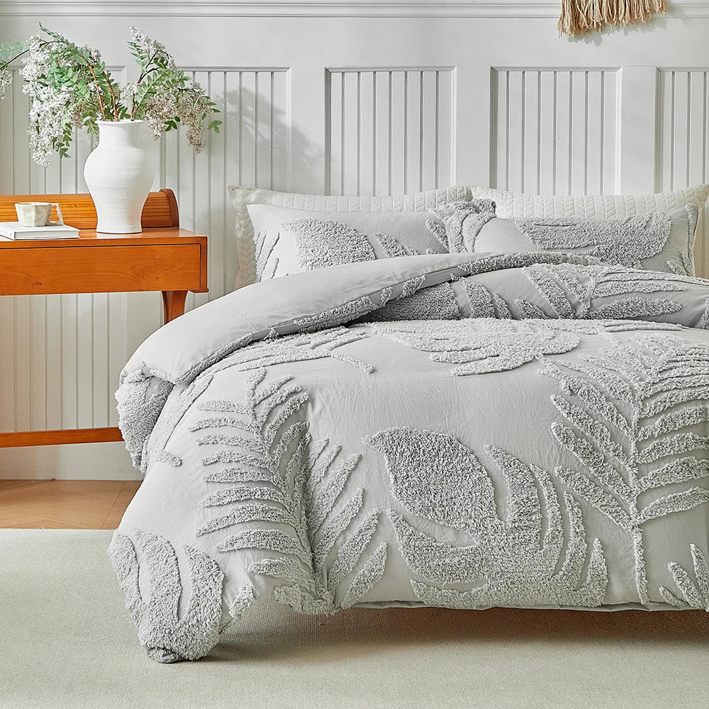 Parure de lit avec housse de couette, tailles Twin, Double, Queen et King, 135 × 200 cm, style nordique, housse de couette avec motif feuilles tufté, linge de lit simple ou double, disponible jusqu’à 240 × 220 cm.
