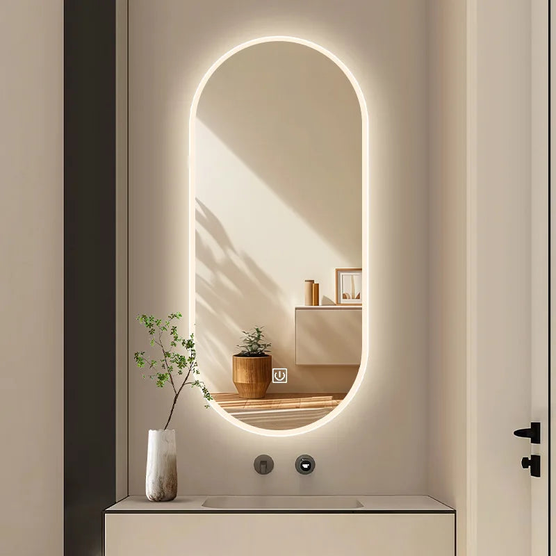 Miroir de salle de bain intelligent ovale avec écran tactile, miroir LED éclairé pour lavabo et maquillage, miroir mural long et petit miroir de courtoisie intelligent.
