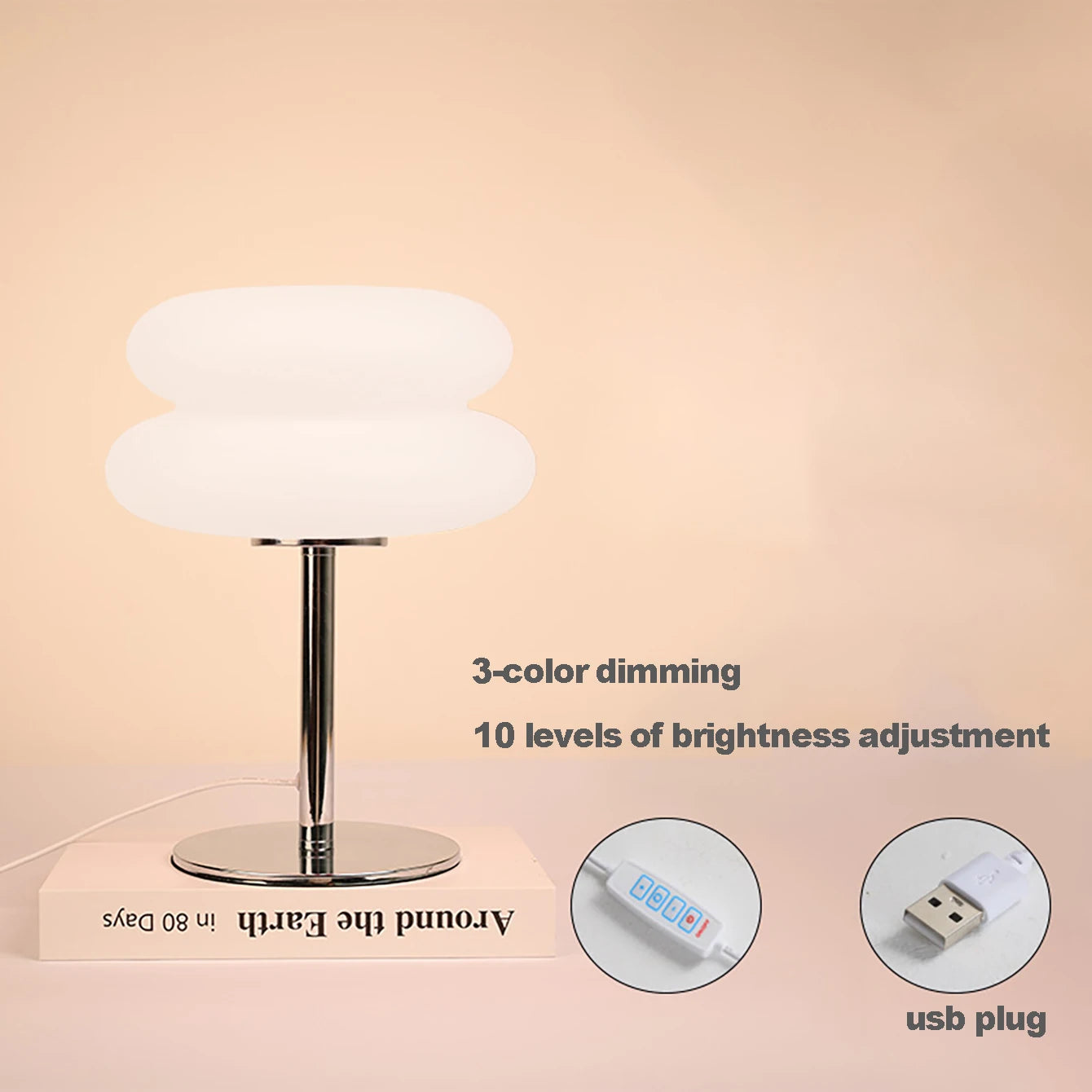 Lampe de chevet style crème, à 3 couleurs de lumière réglables, avec alimentation USB, idéale comme lampe d’ambiance pour chambre, salon, bureau ou décoration intérieure.