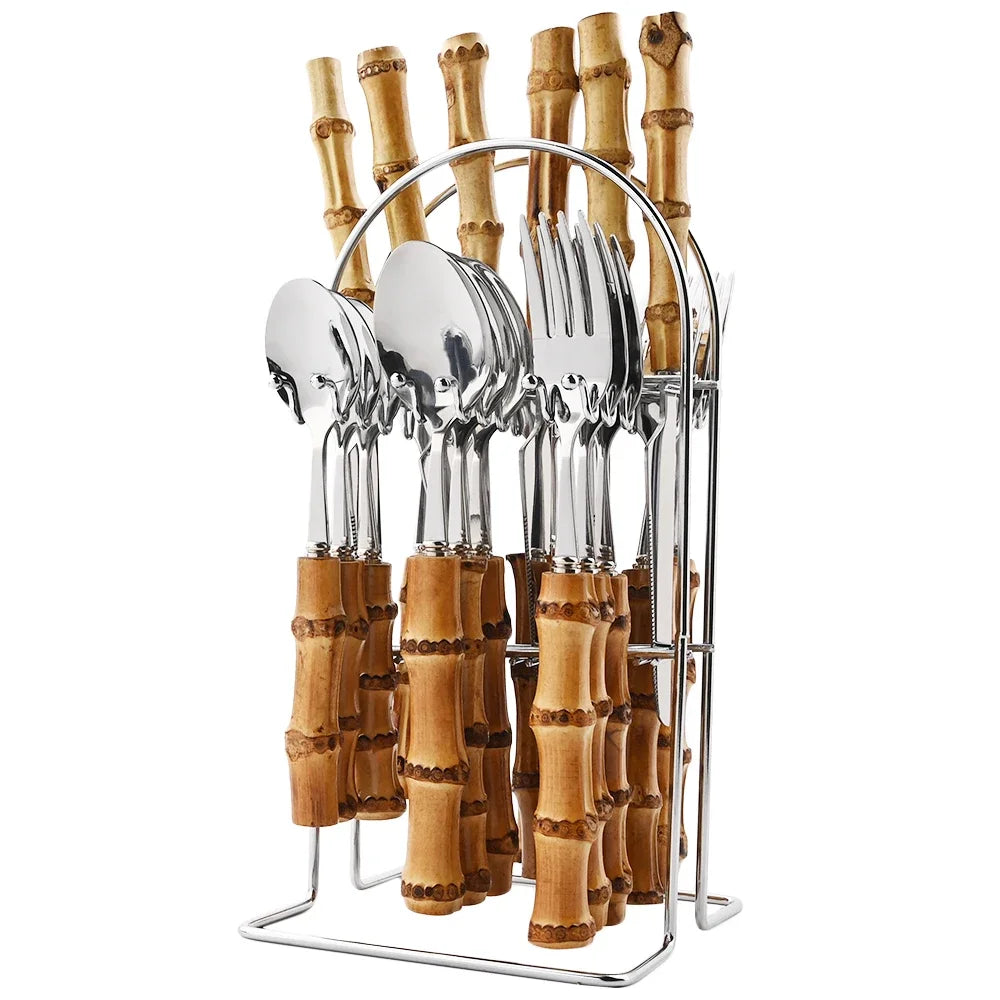 Service de table 24 pièces en acier inoxydable avec poignées en bambou naturel, ensemble de couverts en bambou, comprenant couverts de table et couteaux à steak.