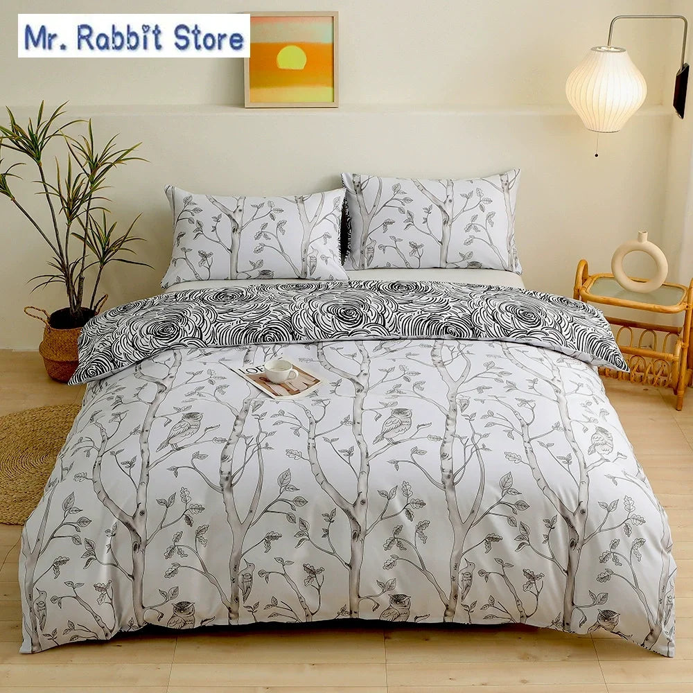 Ensemble 2/3 pièces pour lit Queen/King, housse de couette double avec imprimé floral vert et taies d’oreiller, style nordique, parure de lit confortable avec housse de couette.