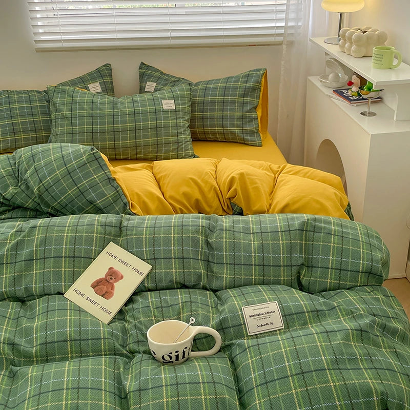 Parure de lit à carreaux, douce et agréable pour la peau, comprenant housse de couette, taies d’oreiller et drap de lit, linge de lit pour maison, disponible en tailles simple, double, Queen et King.