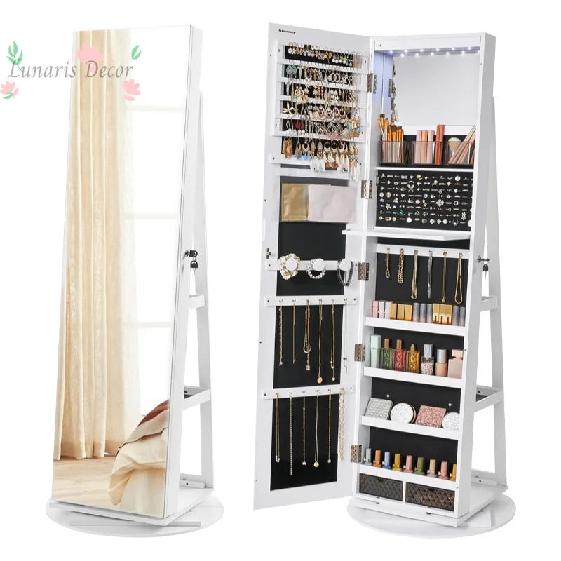 Armoire miroir pleine longueur rotative en bois massif – organisateur de bijoux et d’accessoires pour chambre à coucher – dressing mobile autoportant