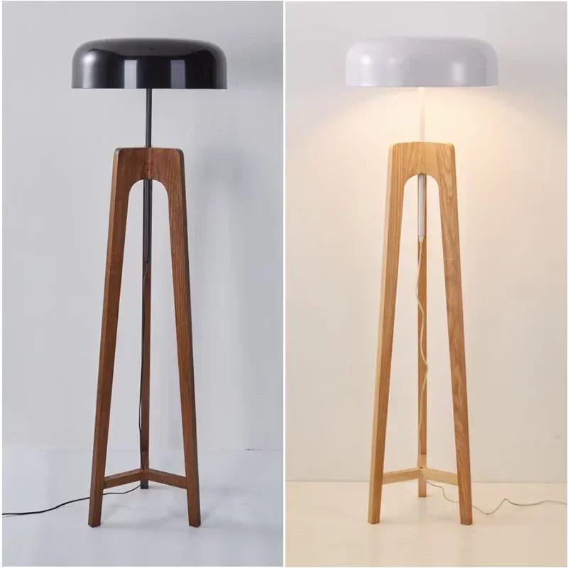 Lampadaire moderne classique en bois, style artistique, pour hôtel, chambre, salon et maison, avec pied tripode et abat-jour en forme de champignon.