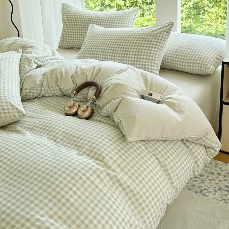 Parure de lit premium 3/4 pièces en coton lavé ultra-doux, qualité supérieure, style quadrillé, avec drap-housse, idéale pour chambre d’enfant et dortoir.