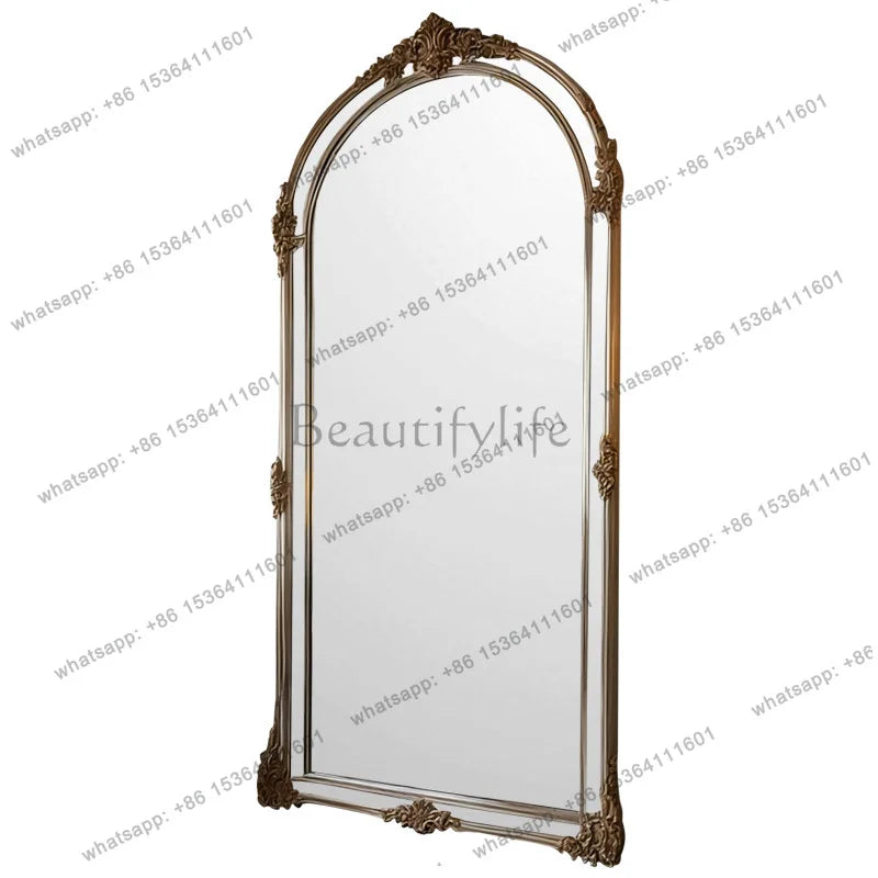Miroir sur pied arqué rétro français en bois, miroir de sol pour la maison et la penderie.