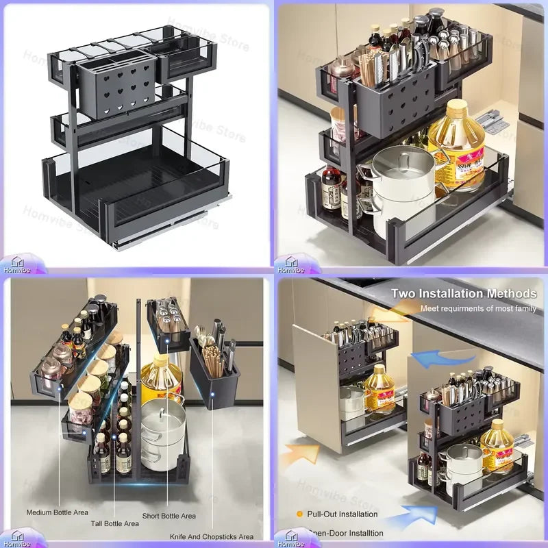 Panier de rangement métallique coulissant à 2 niveaux, organisateur sous évier pour cuisine et garde-manger, rangement pour condiments, épices, ustensiles et accessoires de cuisine