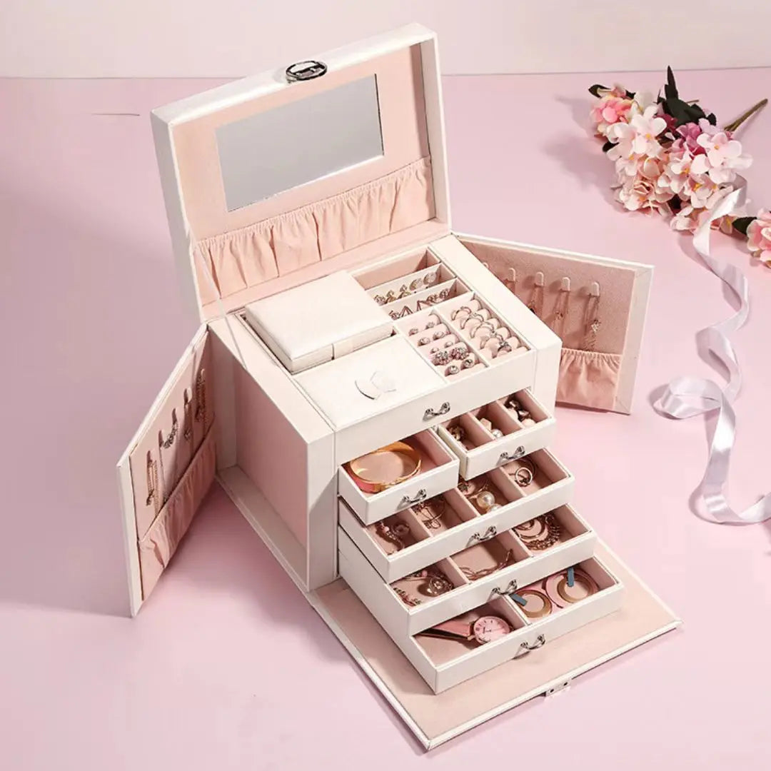 Boîte à bijoux en cuir à 5 niveaux et grande capacité, organisateur de rangement multicouche pour cosmétiques et bijoux, vente en gros directement auprès du fabricant