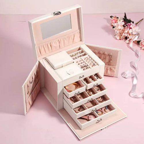 Boîte à bijoux en cuir à 5 niveaux et grande capacité, organisateur de rangement multicouche pour cosmétiques et bijoux, vente en gros directement auprès du fabricant
