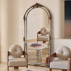 Miroir sur pied arqué rétro français en bois, miroir de sol pour la maison et la penderie.