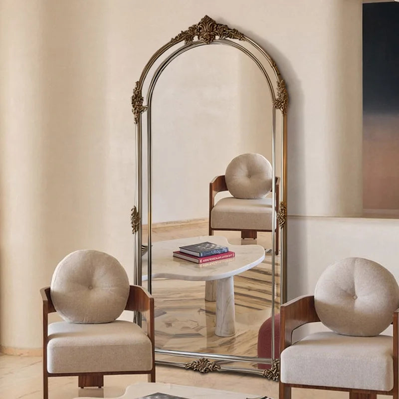 Miroir sur pied arqué rétro français en bois, miroir de sol pour la maison et la penderie.