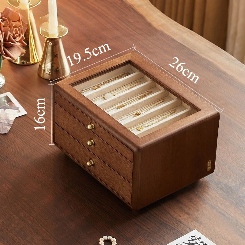 Boîte à bijoux en bois massif de luxe, style rétro, coffret de rangement pour bijoux, présentoir pour colliers, boucles d’oreilles et bracelets, vitrine et organisateur de bijoux
