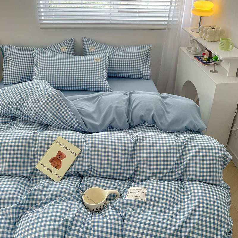 Parure de lit à carreaux, douce et agréable pour la peau, comprenant housse de couette, taies d’oreiller et drap de lit, linge de lit pour maison, disponible en tailles simple, double, Queen et King.