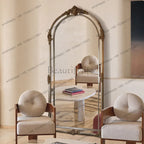 Miroir sur pied arqué rétro français en bois, miroir de sol pour la maison et la penderie.