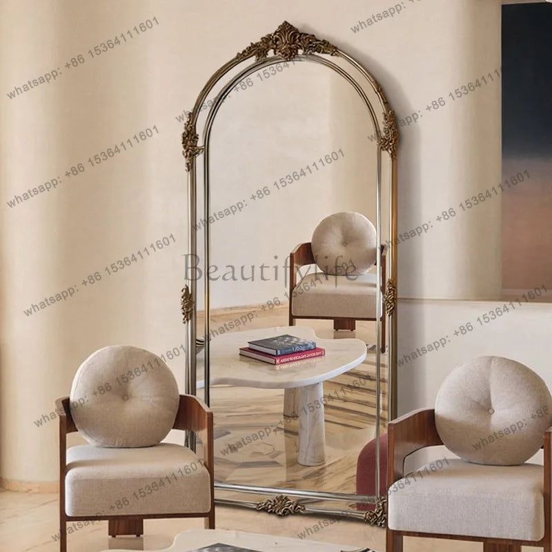 Miroir sur pied arqué rétro français en bois, miroir de sol pour la maison et la penderie.