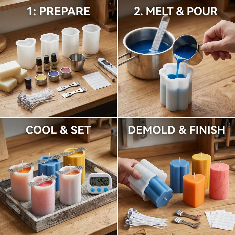 Set de 4 moules en silicone pour bougies, comprenant 50 mèches de bougie, 2 supports de mèche et 3 autocollants, idéal pour la fabrication de bougies DIY et artisanales.