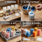 Set de 4 moules en silicone pour bougies, comprenant 50 mèches de bougie, 2 supports de mèche et 3 autocollants, idéal pour la fabrication de bougies DIY et artisanales.