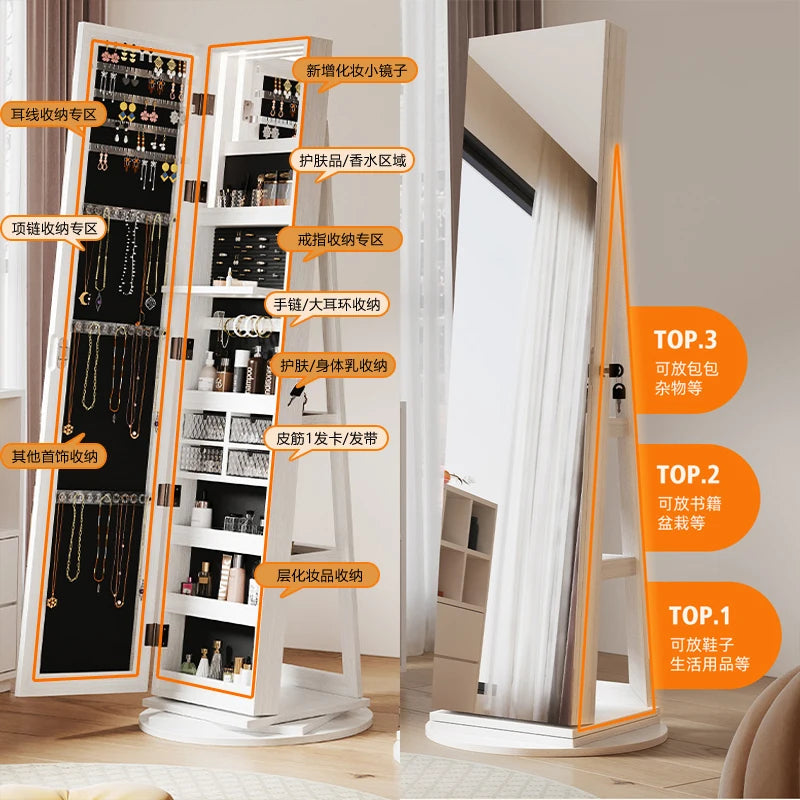 Miroir pleine longueur avec rangement pour bijoux et cosmétiques, armoire miroir du sol au plafond, meuble de rangement avec miroir intégré, idéal pour la maison et la coiffeuse