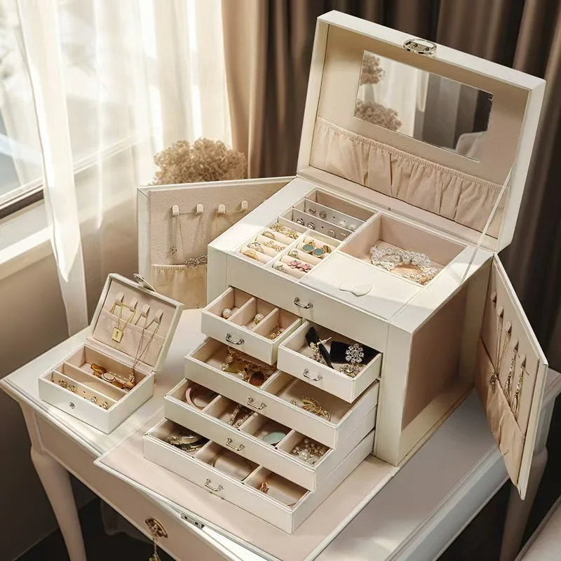 Boîte à bijoux en cuir à 5 niveaux et grande capacité, organisateur de rangement multicouche pour cosmétiques et bijoux, vente en gros directement auprès du fabricant