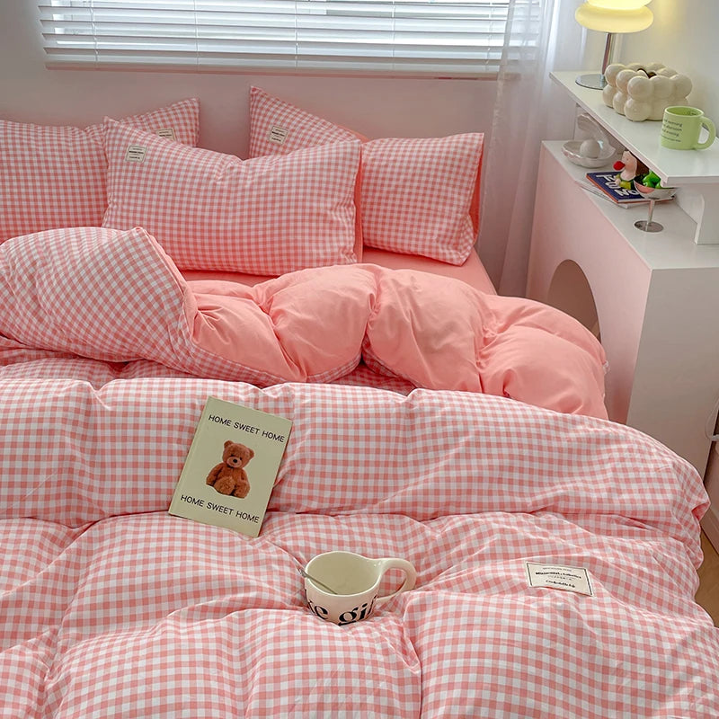 Parure de lit à carreaux, douce et agréable pour la peau, comprenant housse de couette, taies d’oreiller et drap de lit, linge de lit pour maison, disponible en tailles simple, double, Queen et King.