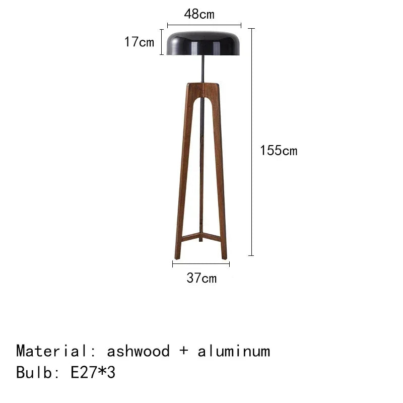 Lampadaire moderne classique en bois, style artistique, pour hôtel, chambre, salon et maison, avec pied tripode et abat-jour en forme de champignon.