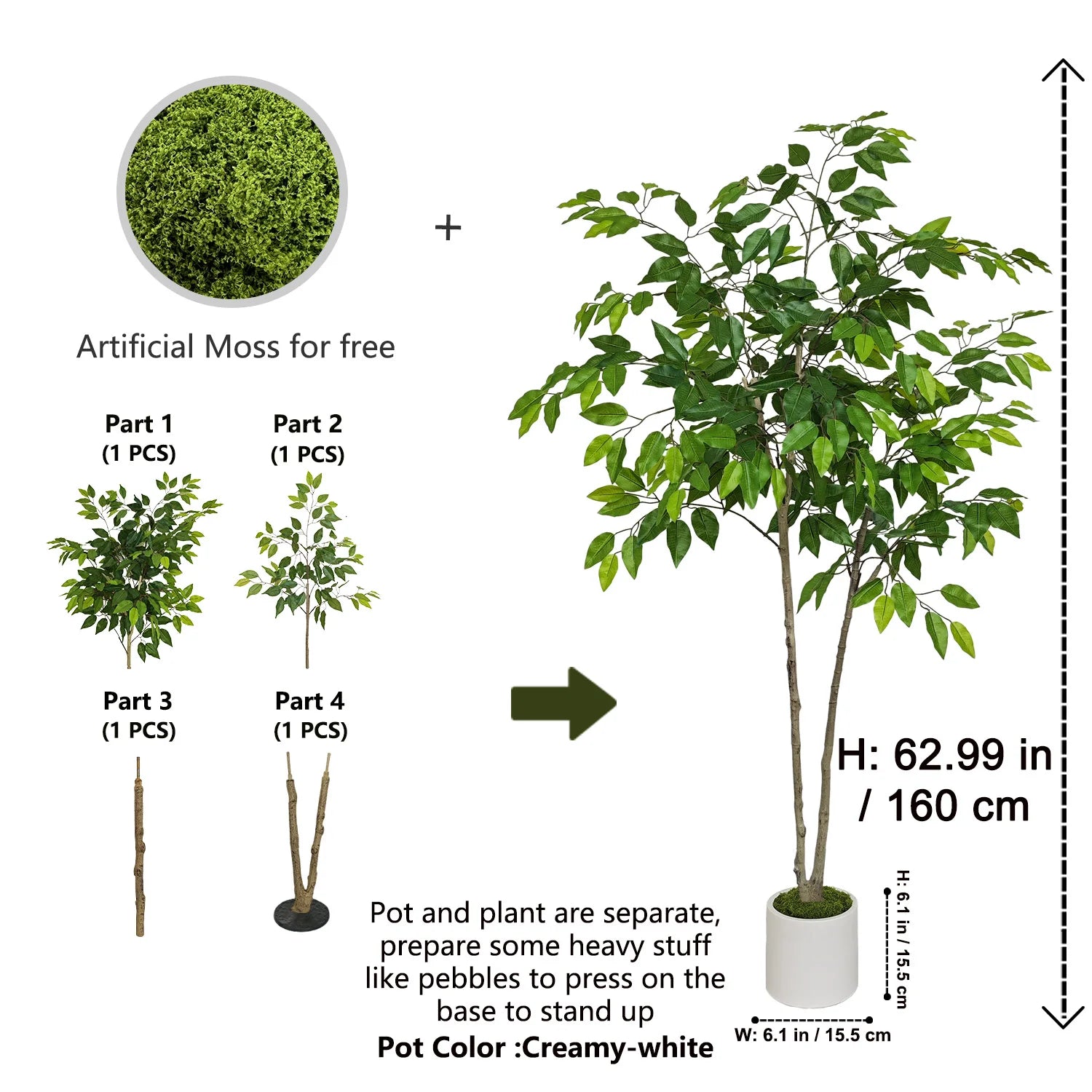 Ficus artificiel de 140 à 210 cm, plante artificielle à double tronc, décoration végétale synthétique pour intérieur, salon et maison.