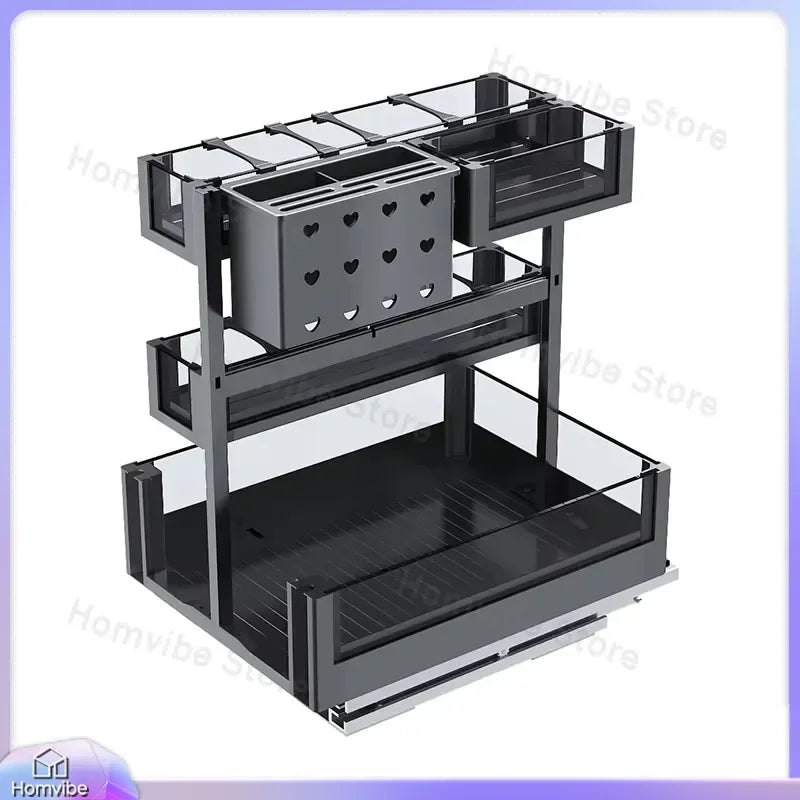 Panier de rangement métallique coulissant à 2 niveaux, organisateur sous évier pour cuisine et garde-manger, rangement pour condiments, épices, ustensiles et accessoires de cuisine