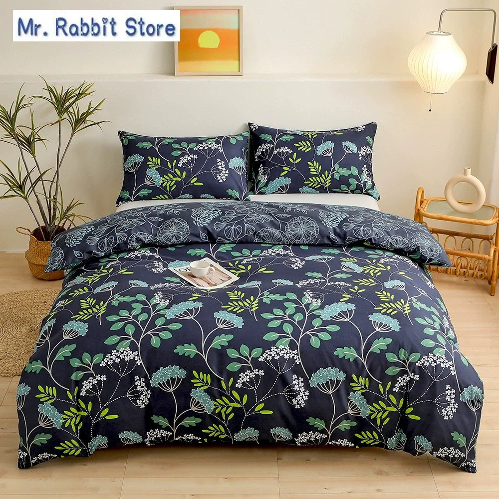Ensemble 2/3 pièces pour lit Queen/King, housse de couette double avec imprimé floral vert et taies d’oreiller, style nordique, parure de lit confortable avec housse de couette.