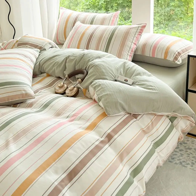 Parure de lit premium 3/4 pièces en coton lavé ultra-doux, qualité supérieure, style quadrillé, avec drap-housse, idéale pour chambre d’enfant et dortoir.