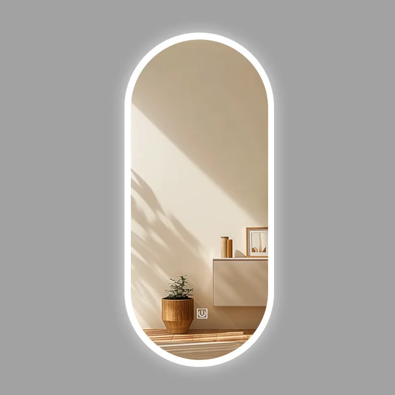 Miroir de salle de bain intelligent ovale avec écran tactile, miroir LED éclairé pour lavabo et maquillage, miroir mural long et petit miroir de courtoisie intelligent.