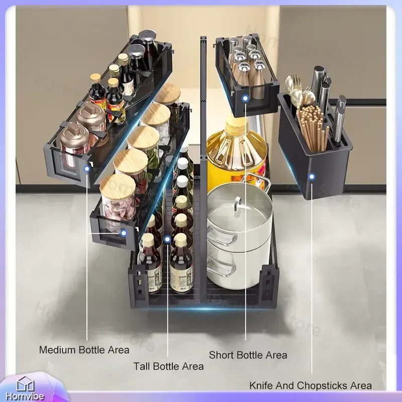 Panier de rangement métallique coulissant à 2 niveaux, organisateur sous évier pour cuisine et garde-manger, rangement pour condiments, épices, ustensiles et accessoires de cuisine