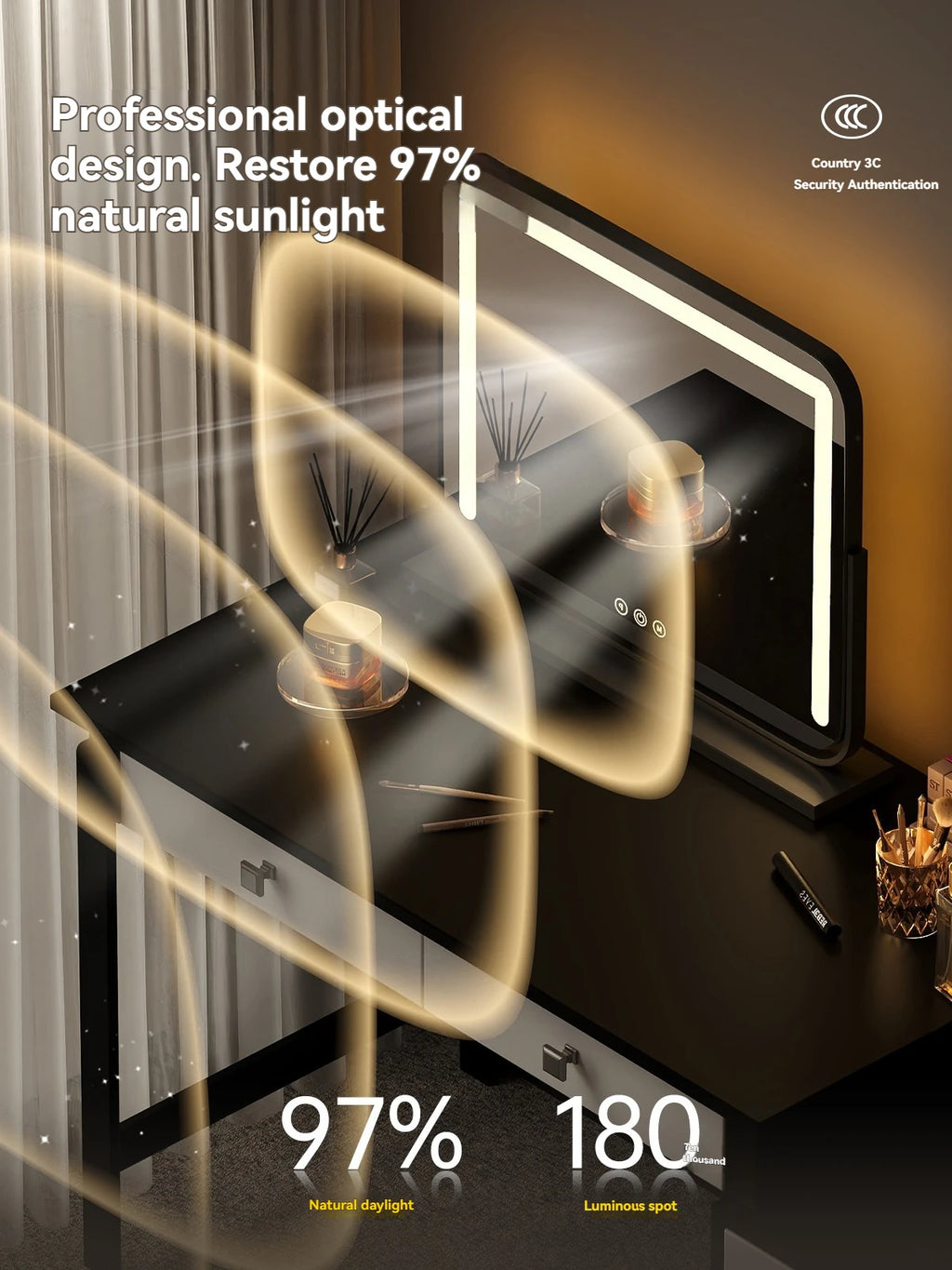 Grand miroir de maquillage LED intelligent de bureau avec éclairage, miroir de coiffeuse de table rotatif avec éclairage pour la maison