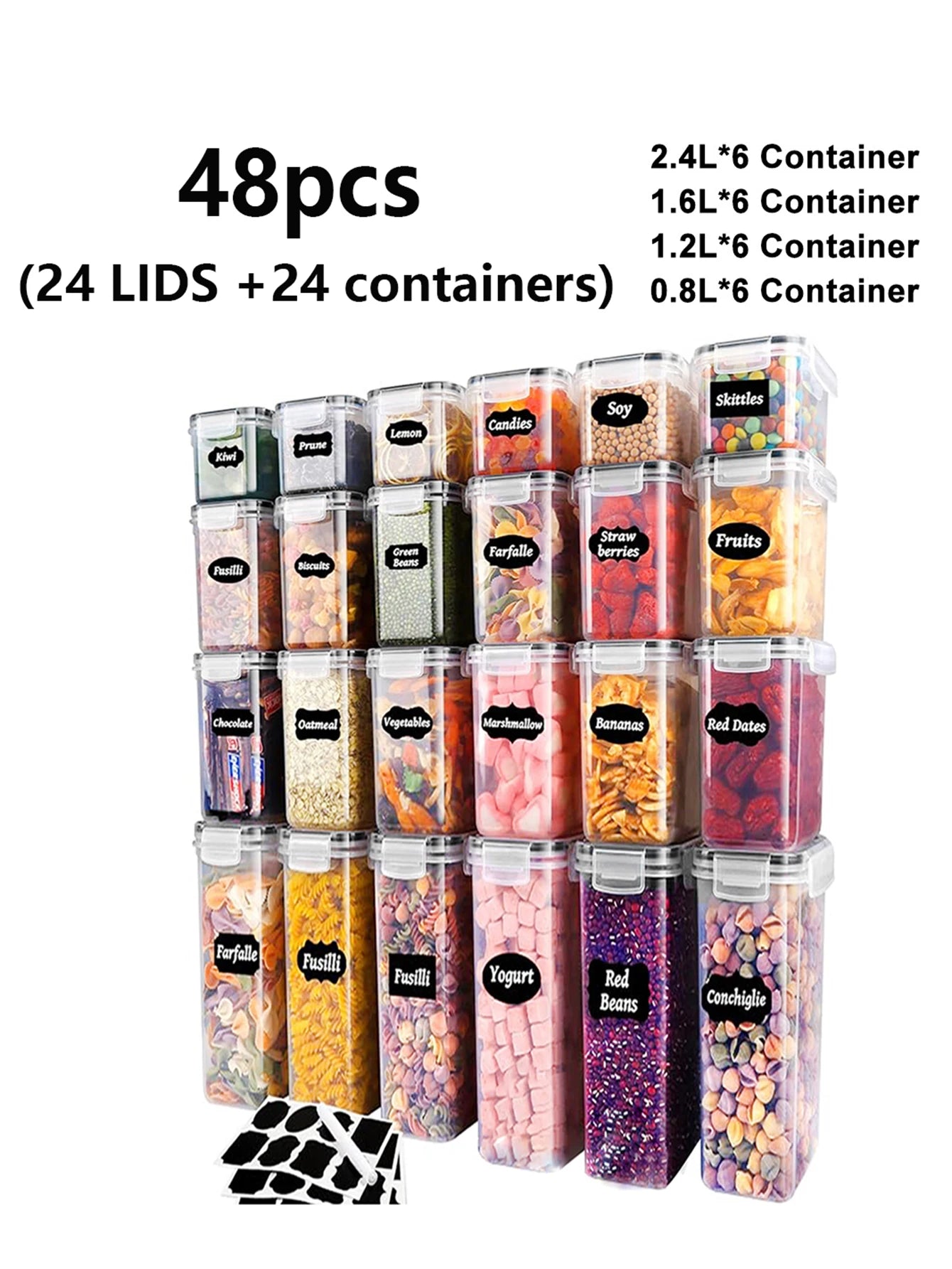 48 pièces, boîtes hermétiques de conservation des aliments avec couvercles, contenants en plastique pour garde-manger, bocaux pour aliments secs, lactose, céréales, farine et sucre, avec étiquettes