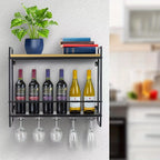 Étagère à vin industrielle murale, support à bouteilles de vin en bois à 2 niveaux avec 5 porte-verres à pied pour verres à vin