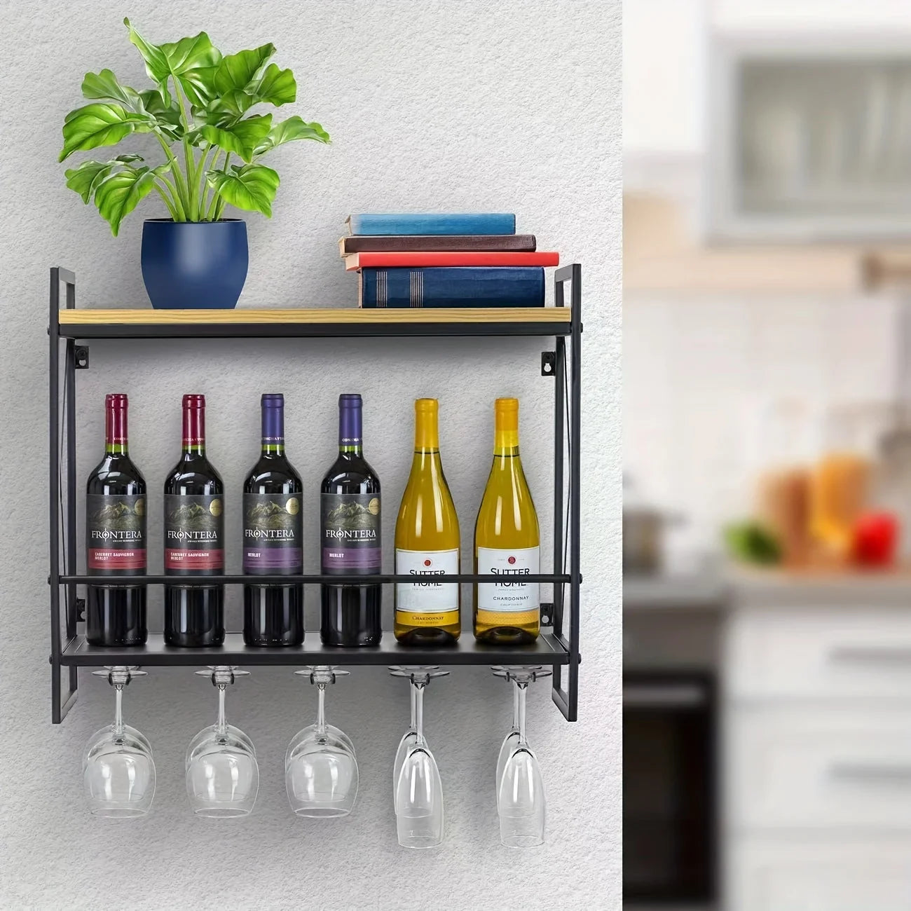 Étagère à vin industrielle murale, support à bouteilles de vin en bois à 2 niveaux avec 5 porte-verres à pied pour verres à vin