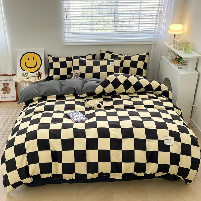 Parure de lit à carreaux, douce et agréable pour la peau, comprenant housse de couette, taies d’oreiller et drap de lit, linge de lit pour maison, disponible en tailles simple, double, Queen et King.