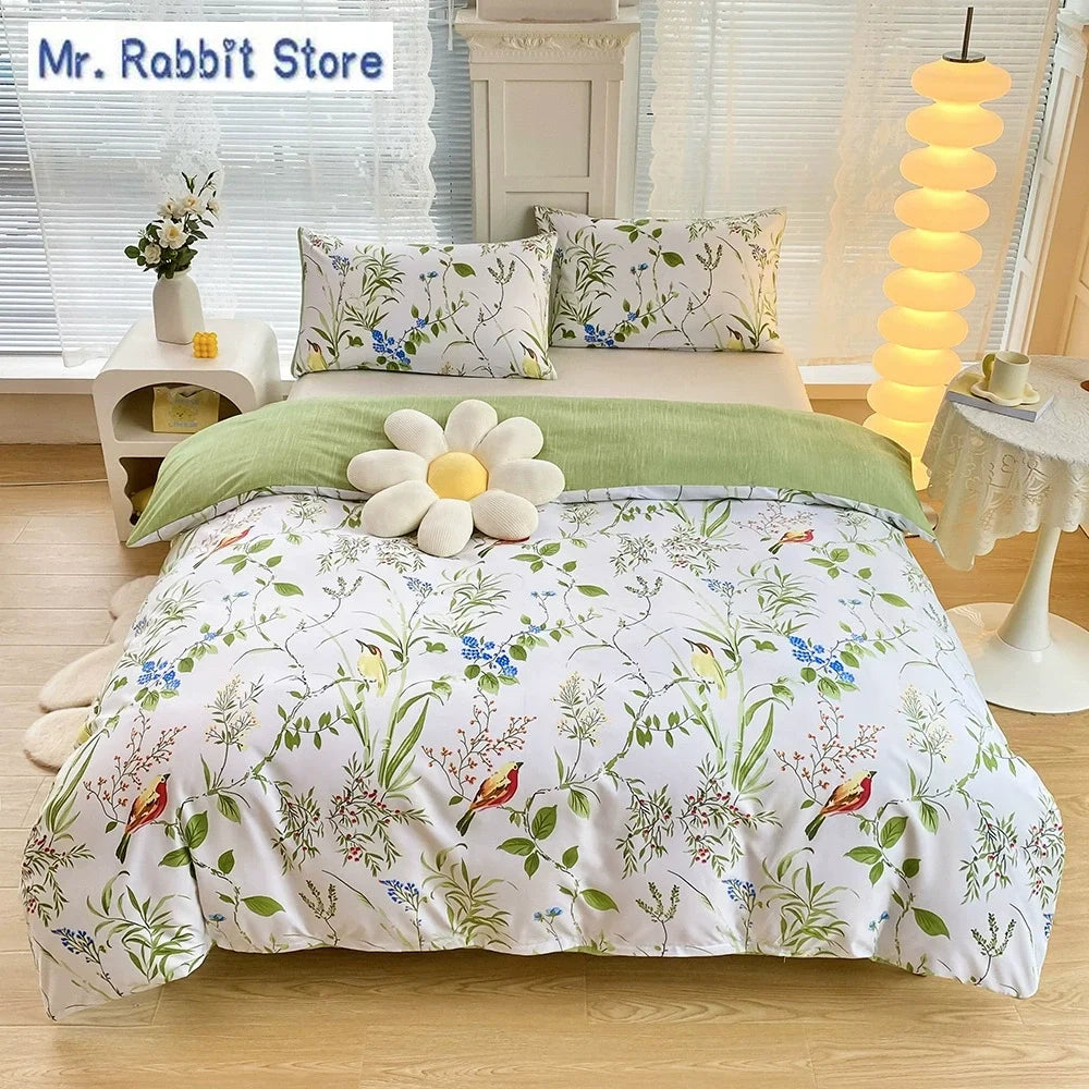 Ensemble 2/3 pièces pour lit Queen/King, housse de couette double avec imprimé floral vert et taies d’oreiller, style nordique, parure de lit confortable avec housse de couette.