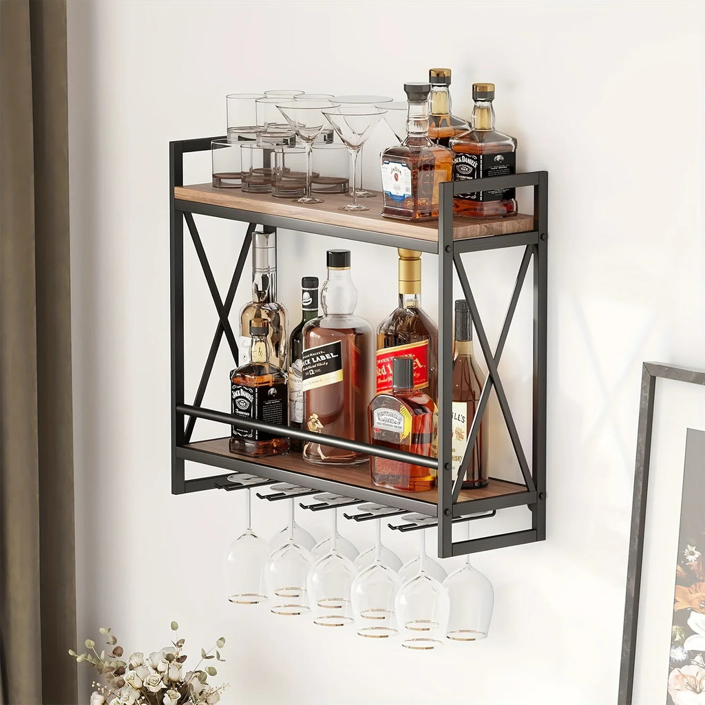 Étagère à vin industrielle murale, support à bouteilles de vin en bois à 2 niveaux avec 5 porte-verres à pied pour verres à vin