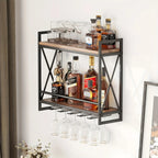 Étagère à vin industrielle murale, support à bouteilles de vin en bois à 2 niveaux avec 5 porte-verres à pied pour verres à vin