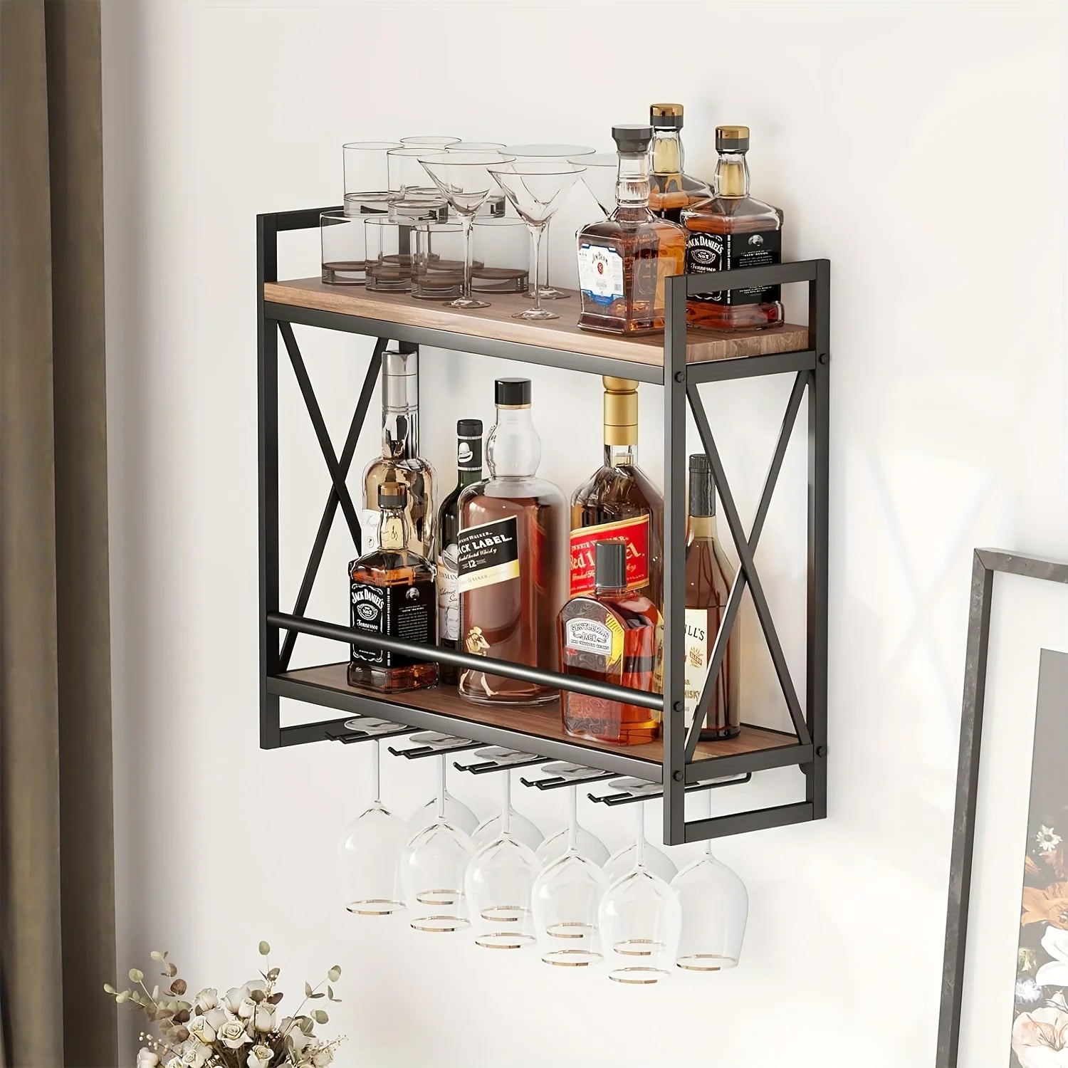 Étagère à vin industrielle murale, support à bouteilles de vin en bois à 2 niveaux avec 5 porte-verres à pied pour verres à vin