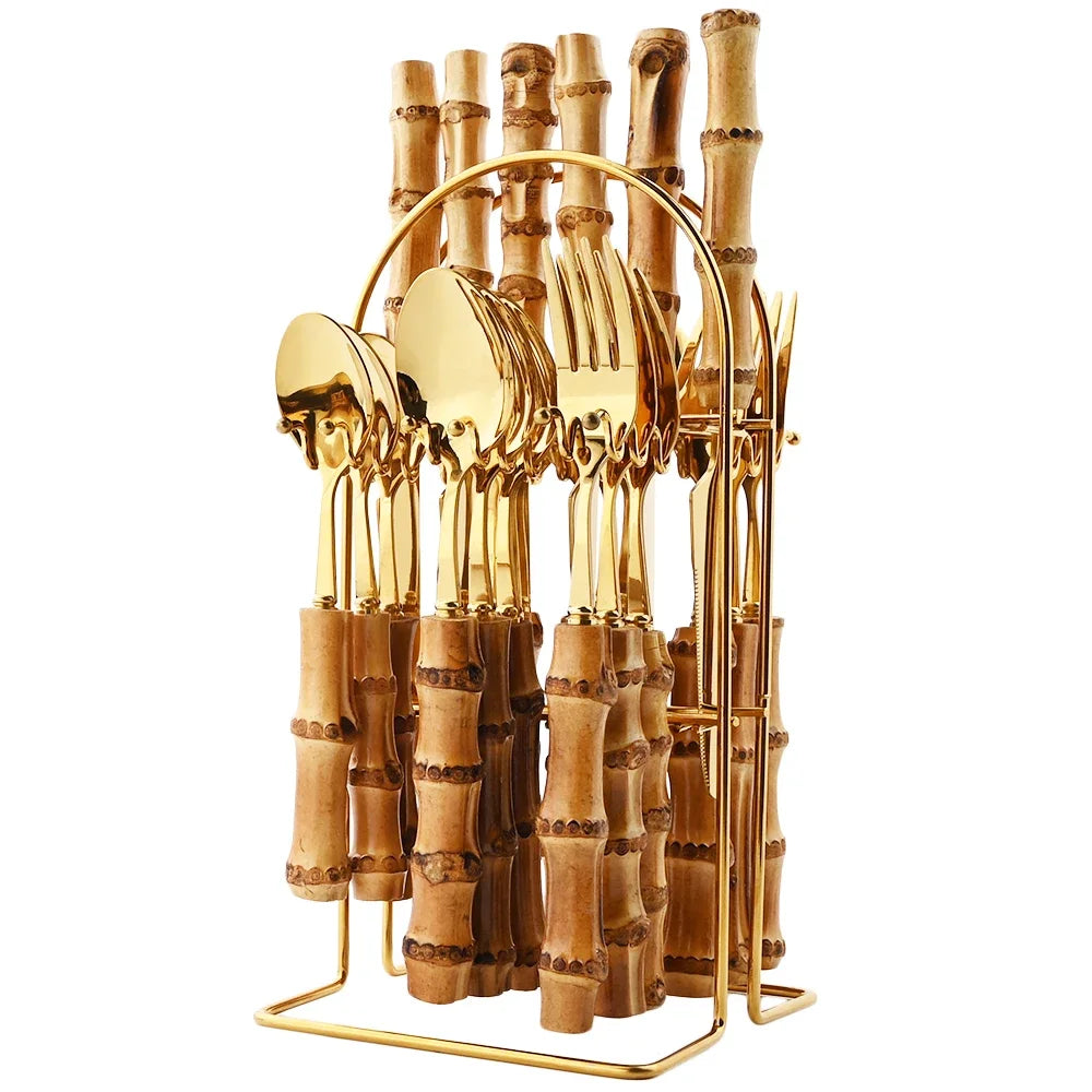Service de table 24 pièces en acier inoxydable avec poignées en bambou naturel, ensemble de couverts en bambou, comprenant couverts de table et couteaux à steak.