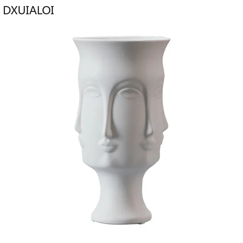 Vase artistique créatif en céramique représentant un visage humain, décoration artisanale émaillée blanche, vase pour composition florale, décoration de salon et de maison.